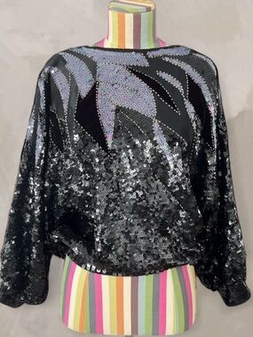Vintage Three Flags 100% Silk Fully Sequined Party Sparkly Top Blouse